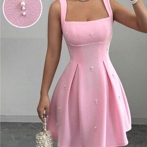 Elegant Pink Sleeveless Dress with Pearl Accents